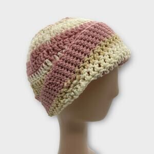 Knit Woven Wide Pink Cream Stripe Beanie Knit Hat Outdoors Coquette XS